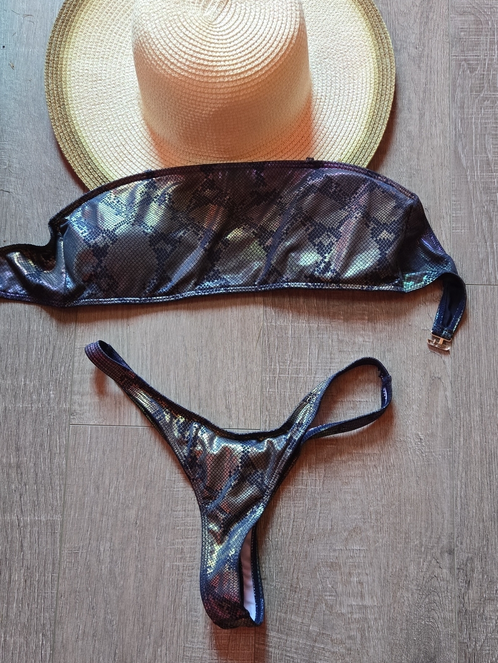 Shimmer Bandeau Thong Bikini Set - Iridescent Black. Med